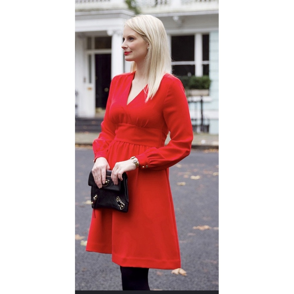 Kate Spade Women's Red V-Neck Long Sleeve Gathered Waist Back Tie Dress Size 6